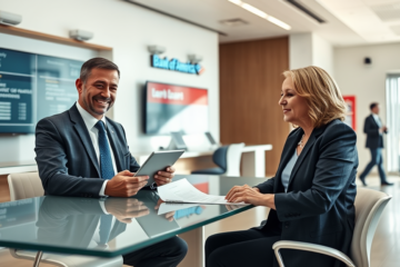 Cliente solicita empréstimo com segurança no interior moderno do Bank of America, conversando com gerente profissional