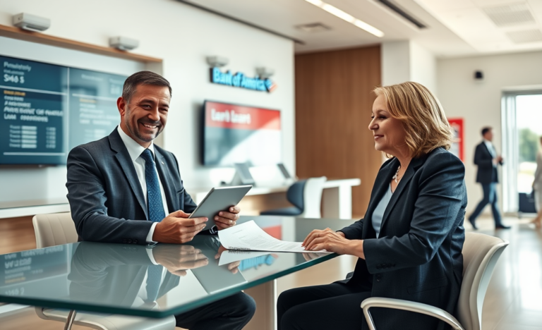 Cliente solicita empréstimo com segurança no interior moderno do Bank of America, conversando com gerente profissional