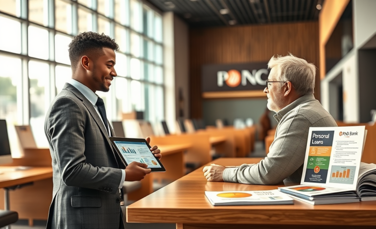 Clientes consultando opções e vantagens de empréstimos pessoais em ambiente moderno e convidativo de agência bancária