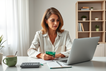 Mulher analisando extrato de crédito do TD Bank USA em laptop em ambiente caseiro moderno e iluminado