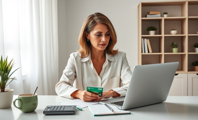 Mulher analisando extrato de crédito do TD Bank USA em laptop em ambiente caseiro moderno e iluminado