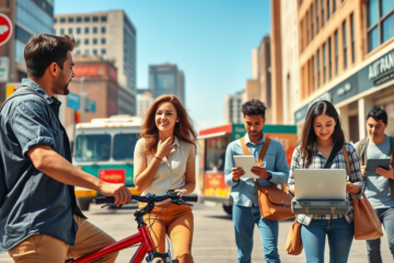 Jovens americanos em um cenário urbano mostrando opções práticas para ganhar dinheiro rápido nos EUA com entregas, freelances e vendas locais