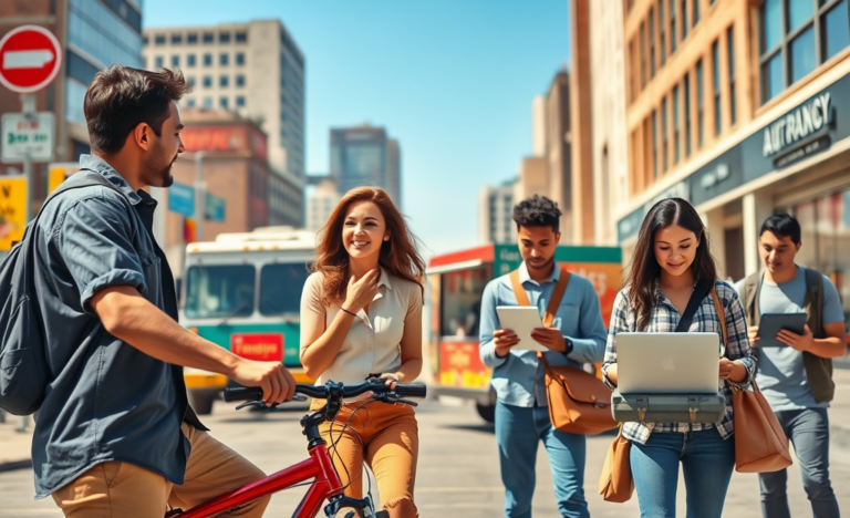 Jovens americanos em um cenário urbano mostrando opções práticas para ganhar dinheiro rápido nos EUA com entregas, freelances e vendas locais