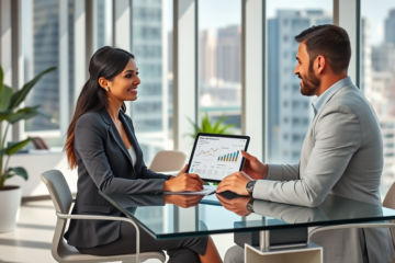 Mulher conversando com consultor financeiro em escritório moderno sobre crédito sem garantias opções rápidas e seguras