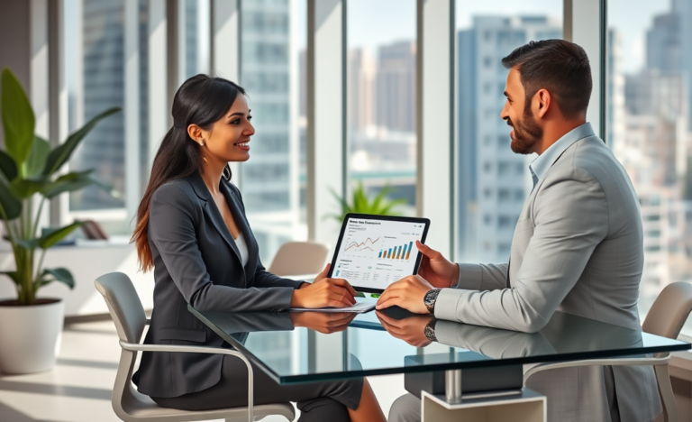 Mulher conversando com consultor financeiro em escritório moderno sobre crédito sem garantias opções rápidas e seguras