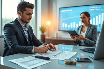 Homem em ambiente financeiro moderno recebe auxílio de consultora para empréstimo rápido como solução prática para dinheiro urgente