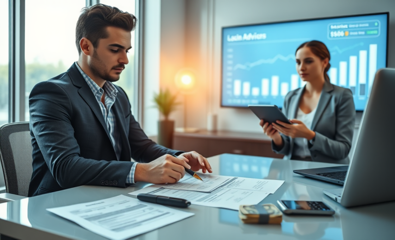Homem em ambiente financeiro moderno recebe auxílio de consultora para empréstimo rápido como solução prática para dinheiro urgente