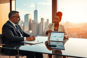 Consultor financeiro e cliente discutindo opções e condições de empréstimo Citibank USA em escritório moderno com vista urbana