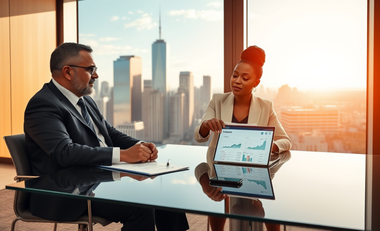 Consultor financeiro e cliente discutindo opções e condições de empréstimo Citibank USA em escritório moderno com vista urbana