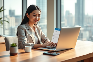 Mulher usando laptop em escritório moderno para solicitar empréstimo online no banco com interface clara e ambiente iluminado