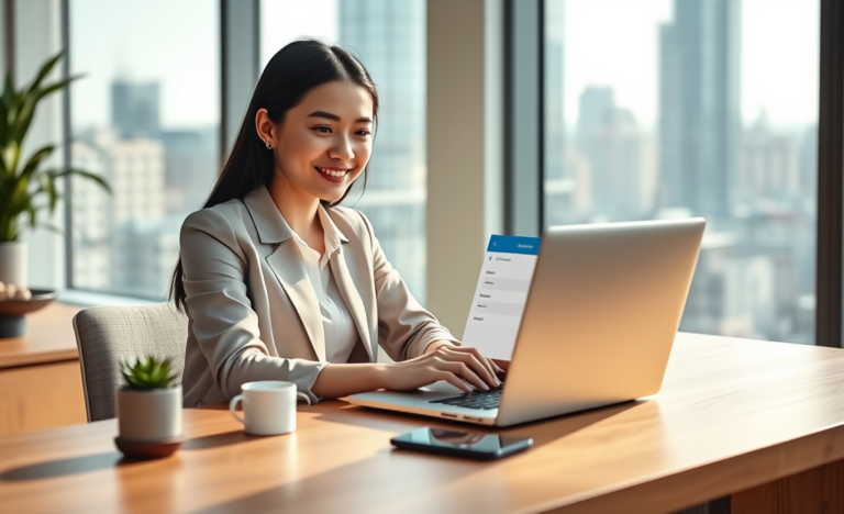 Mulher usando laptop em escritório moderno para solicitar empréstimo online no banco com interface clara e ambiente iluminado