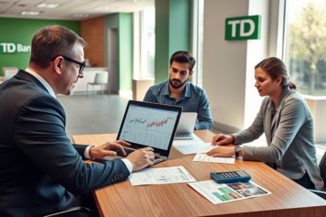 Consultoria financeira em agência TD Bank USA mostrando casal revisando crédito com assessor bancário em ambiente moderno e iluminado