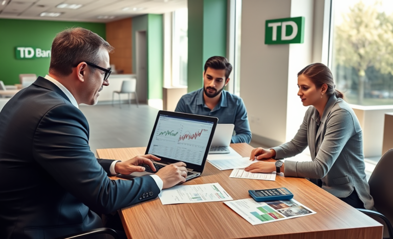 Consultoria financeira em agência TD Bank USA mostrando casal revisando crédito com assessor bancário em ambiente moderno e iluminado
