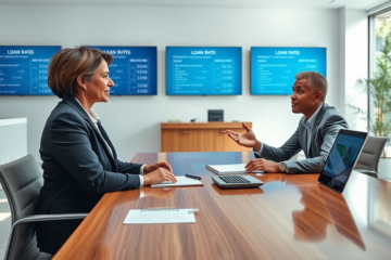 Mulher consultando profissional bancário para solicitar empréstimo na agência, explicando condições financeiras de forma clara