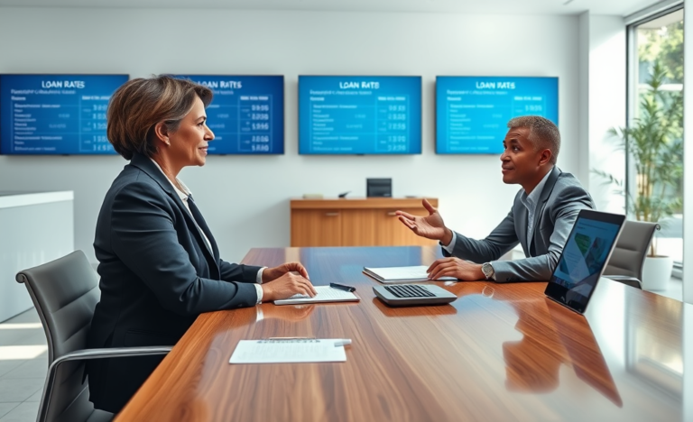 Mulher consultando profissional bancário para solicitar empréstimo na agência, explicando condições financeiras de forma clara