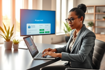 Mulher profissional em ambiente moderno solicitando crédito digital com segurança usando laptop em escritório iluminado