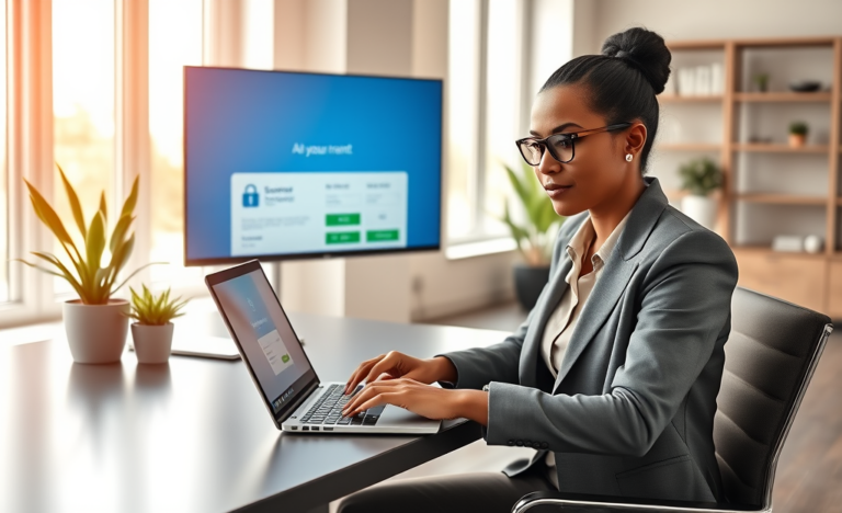 Mulher profissional em ambiente moderno solicitando crédito digital com segurança usando laptop em escritório iluminado