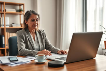 Mulher concentrada consultando processo financeiro Lar Doce Lar em laptop em ambiente de escritório doméstico moderno e iluminado