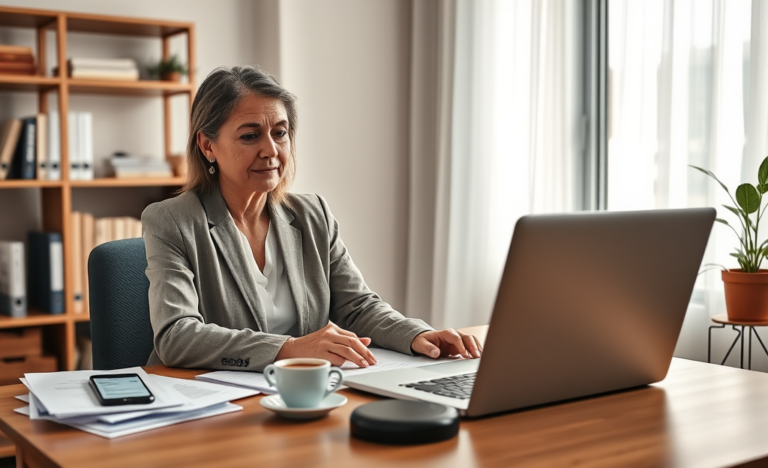 Mulher concentrada consultando processo financeiro Lar Doce Lar em laptop em ambiente de escritório doméstico moderno e iluminado