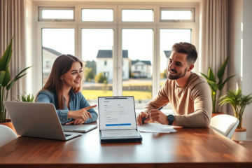 Casal preenchendo formulário online em ambiente moderno e claro para aumentar chances na inscrição no Lar Doce Lar