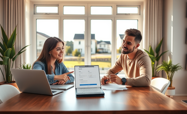 Casal preenchendo formulário online em ambiente moderno e claro para aumentar chances na inscrição no Lar Doce Lar