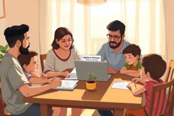 Família brasileira sentada à mesa revisando documentos e laptop após envio da inscrição Lar Doce Lar 2025 em ambiente caseiro aconchegante