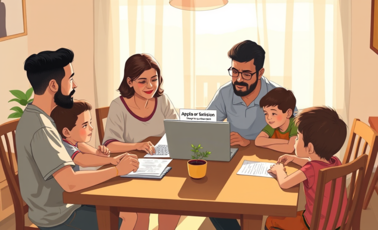 Família brasileira sentada à mesa revisando documentos e laptop após envio da inscrição Lar Doce Lar 2025 em ambiente caseiro aconchegante