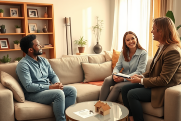 Casal contando sua história para um corretor em sala aconchegante, aumentando chances para Lar Doce Lar