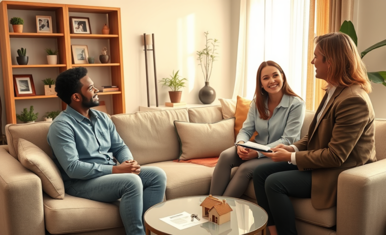 Casal contando sua história para um corretor em sala aconchegante, aumentando chances para Lar Doce Lar