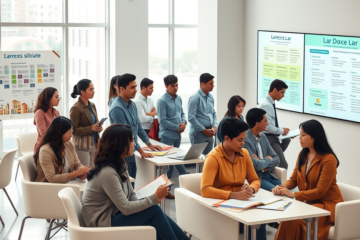 Participantes diversos no processo de seleção Lar Doce Lar em ambiente moderno com profissionais avaliando candidaturas para aumentar chances