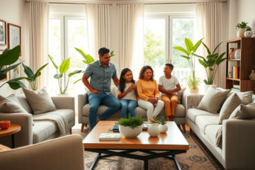 Família brasileira em sala de estar moderna após participação no Lar Doce Lar de Luciano Huck, mostrando renovação e conforto