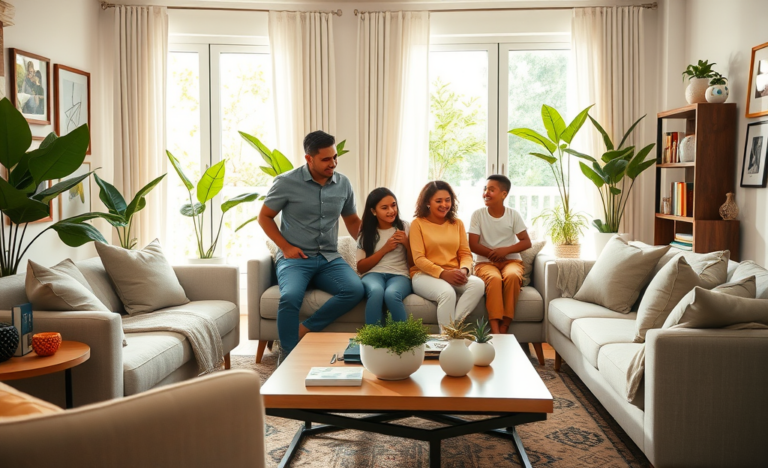 Família brasileira em sala de estar moderna após participação no Lar Doce Lar de Luciano Huck, mostrando renovação e conforto