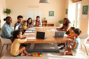 Famílias brasileiras em centro comunitário moderno participando da inscrição no Lar Doce Lar com ambiente acolhedor e organizado