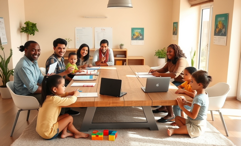 Famílias brasileiras em centro comunitário moderno participando da inscrição no Lar Doce Lar com ambiente acolhedor e organizado