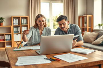 Casal jovem em sala iluminada organiza documentos e usa laptop para inscrição no Lar Doce Lar, preparando-se com foco e otimismo