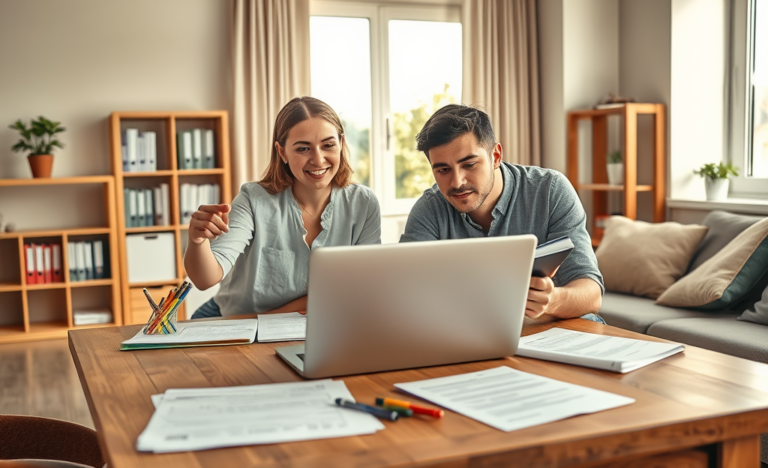 Casal jovem em sala iluminada organiza documentos e usa laptop para inscrição no Lar Doce Lar, preparando-se com foco e otimismo