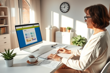 Mulher concentrada em escritório doméstico moderno, usando laptop para seguir etapas da inscrição Lar Doce Lar e aumentar chances