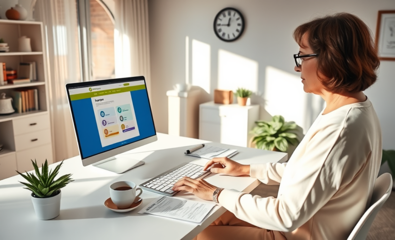 Mulher concentrada em escritório doméstico moderno, usando laptop para seguir etapas da inscrição Lar Doce Lar e aumentar chances