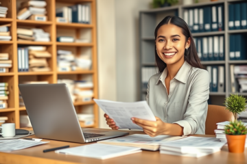 Mulher organizando documentos financeiros em ambiente de escritório moderno e iluminado para aumentar suas chances na inscrição Lar Doce Lar