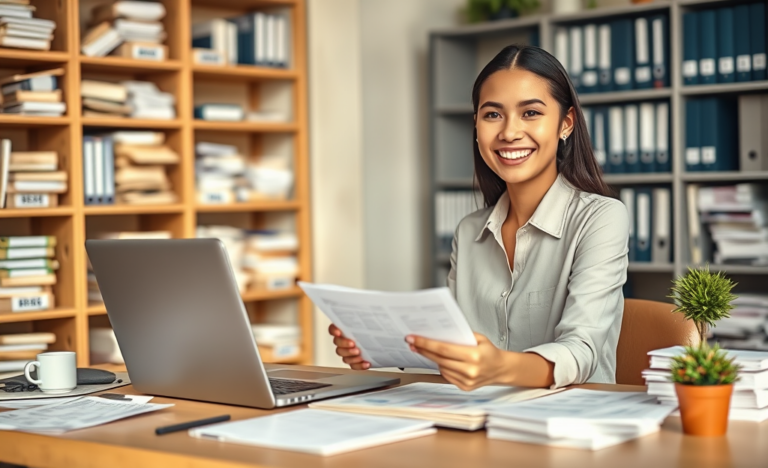 Mulher organizando documentos financeiros em ambiente de escritório moderno e iluminado para aumentar suas chances na inscrição Lar Doce Lar