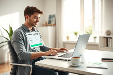 Νεαρός ενήλικας αιτείται online δάνειο με χαμηλά επιτόκια σε φωτεινό μοντέρνο γραφείο με άμεση ψηφιακή έγκριση στο λάπτοπ και κινητό