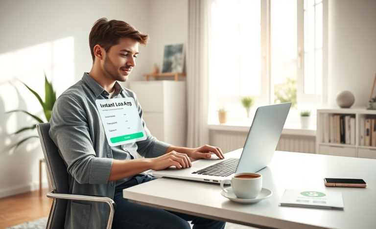 Νεαρός ενήλικας αιτείται online δάνειο με χαμηλά επιτόκια σε φωτεινό μοντέρνο γραφείο με άμεση ψηφιακή έγκριση στο λάπτοπ και κινητό