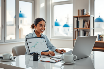 Profissional focado em escritório em casa na Grécia usando laptop para estratégias práticas de SEO para dinheiro rápido