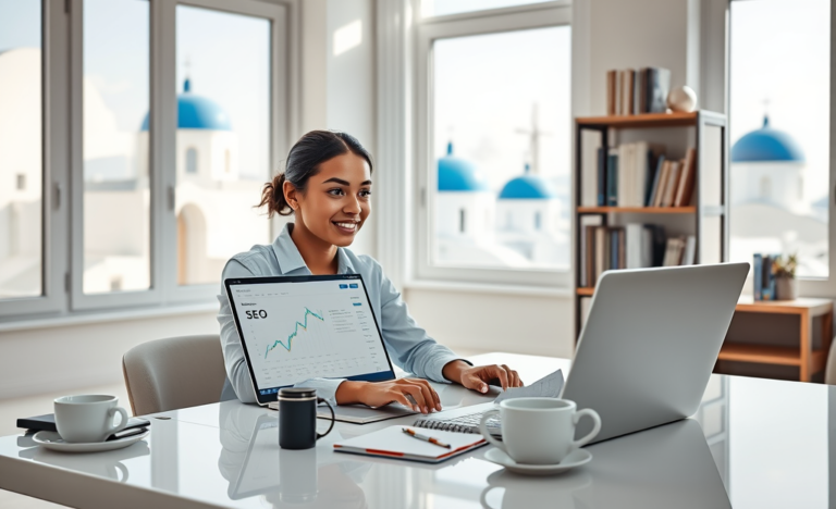 Profissional focado em escritório em casa na Grécia usando laptop para estratégias práticas de SEO para dinheiro rápido