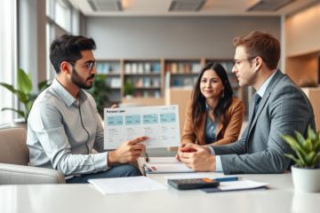Casal conversando com consultor bancário moderno sobre crédito pessoal, comparando condições em ambiente iluminado e profissional