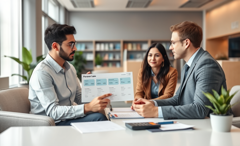 Casal conversando com consultor bancário moderno sobre crédito pessoal, comparando condições em ambiente iluminado e profissional