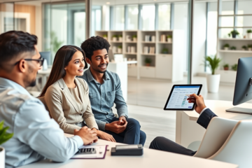 Ambiente moderno de banco com casal recebendo atendimento de consultor sobre como solicitar crédito pessoal Alpha Bank