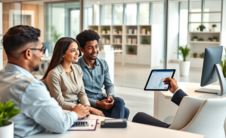 Ambiente moderno de banco com casal recebendo atendimento de consultor sobre como solicitar crédito pessoal Alpha Bank