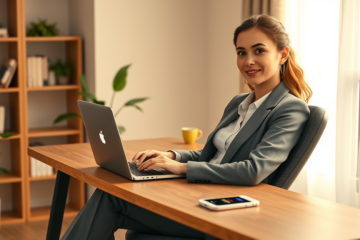 Mulher sentada em home office liberando crédito online aprovado sem sair de casa, com laptop e ambiente iluminado e acolhedor