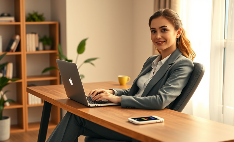 Mulher sentada em home office liberando crédito online aprovado sem sair de casa, com laptop e ambiente iluminado e acolhedor